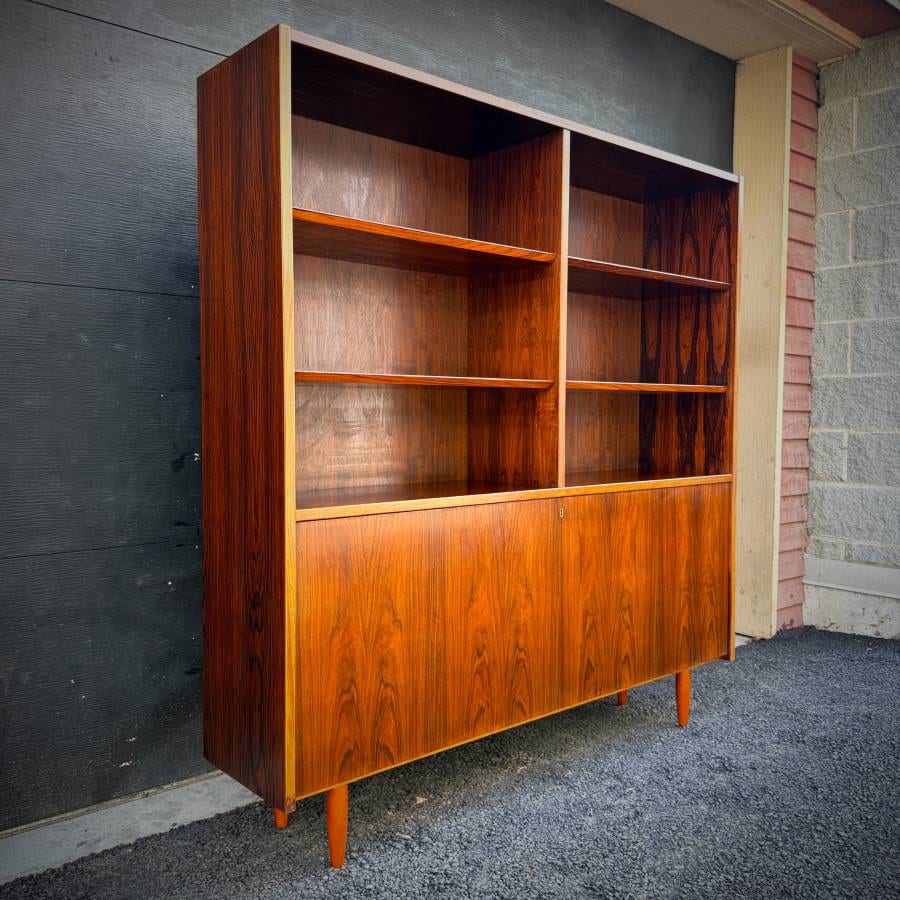 Poul Hundevad danish modern rosewood shelving unit with drop down bar — photograph 3 of 7