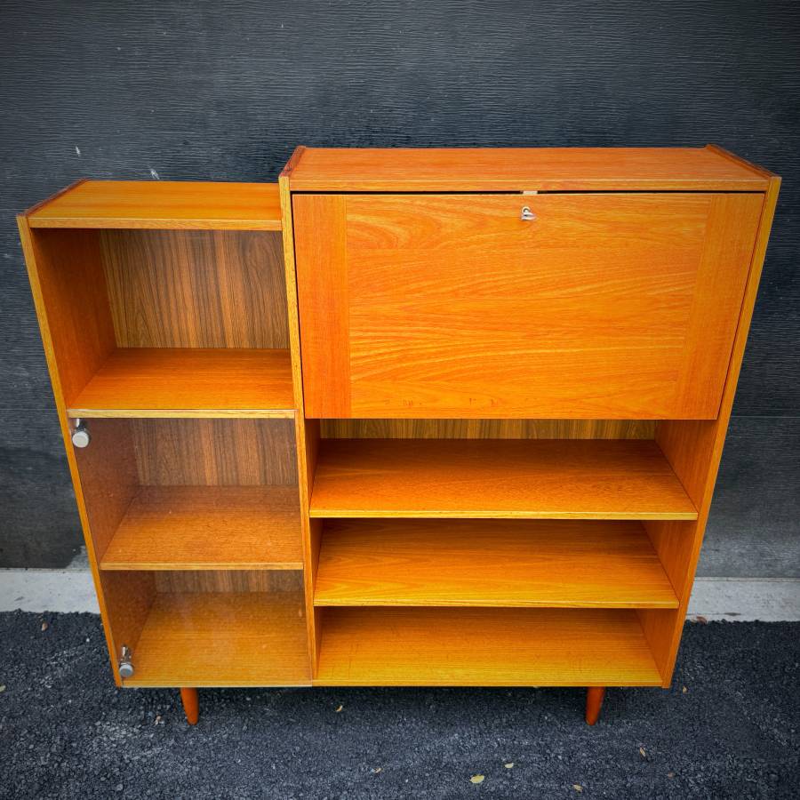 Mid century modern teak and glass shelving unit with drop down bar — photograph 4 of 6