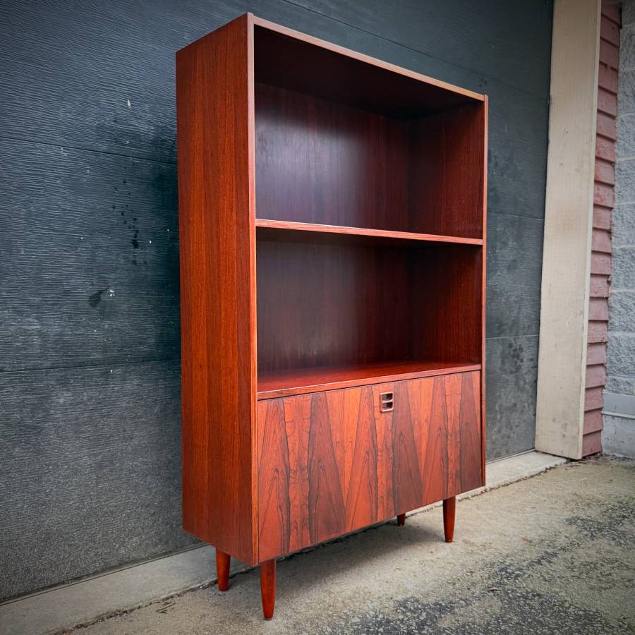 Compact mid century danish rosewood shelving unit with drop down bar — photograph 3 of 6