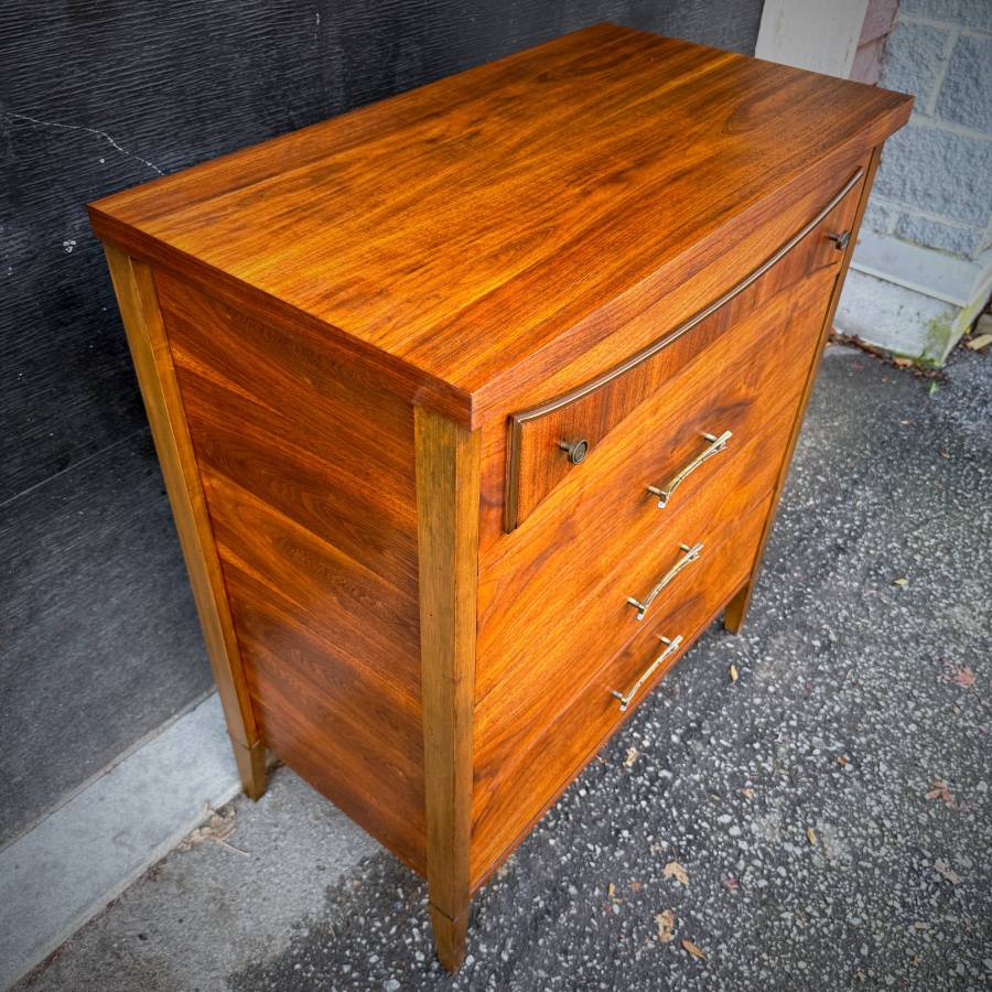 Mid century satin walnut tall boy dresser — photograph 6 of 6