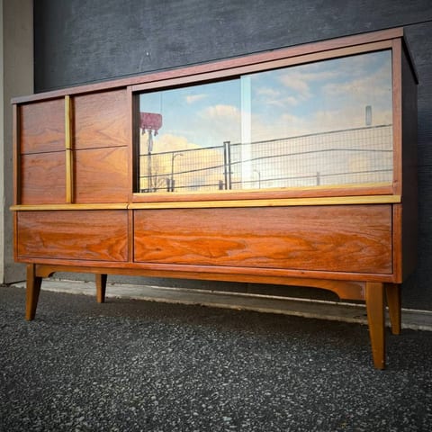 Mid century modern walnut and glass credenza