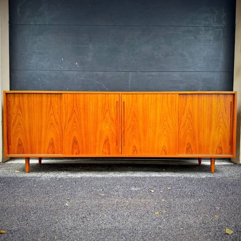 Beautiful extra long mid century modern teak four drawer credenza