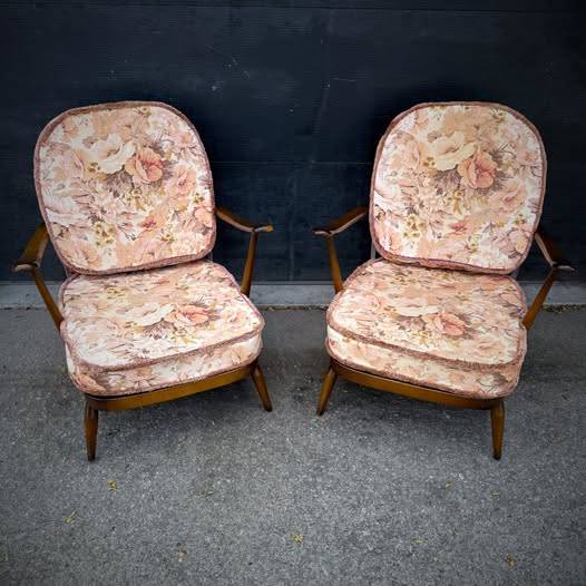 Pair of mid century modern lounge chairs and ottoman by Ercol — photograph 3 of 8