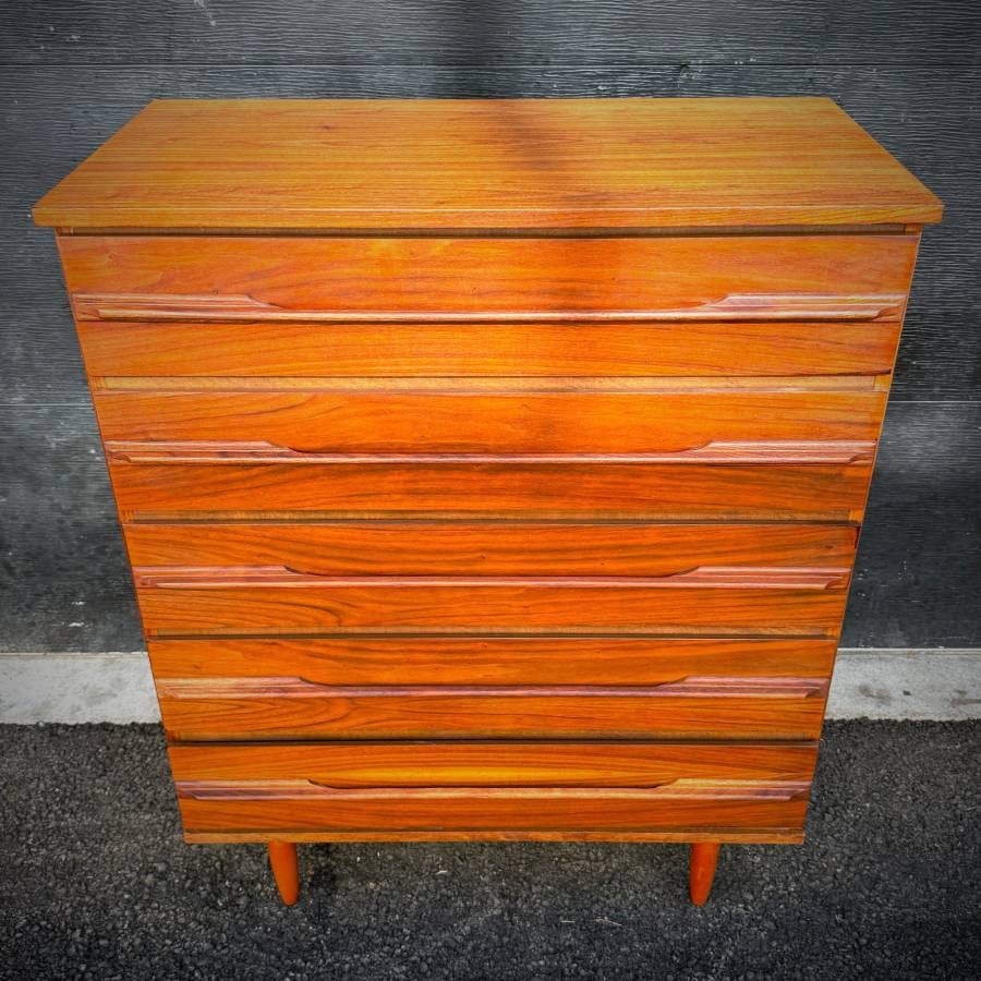 Mid century modern satin walnut tall boy dresser — photograph 4 of 6