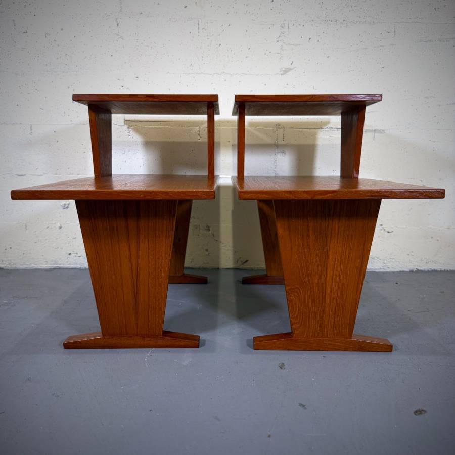 Pair of mid century modern teak two tier side tables — photograph 2 of 6