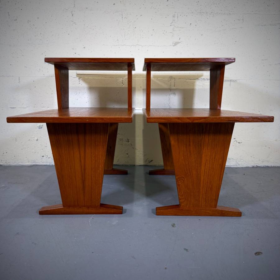 Pair of mid century modern teak two tier side tables — photograph 2 of 6