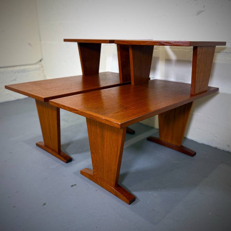 Pair of mid century modern teak two tier side tables — photograph 6 of 6