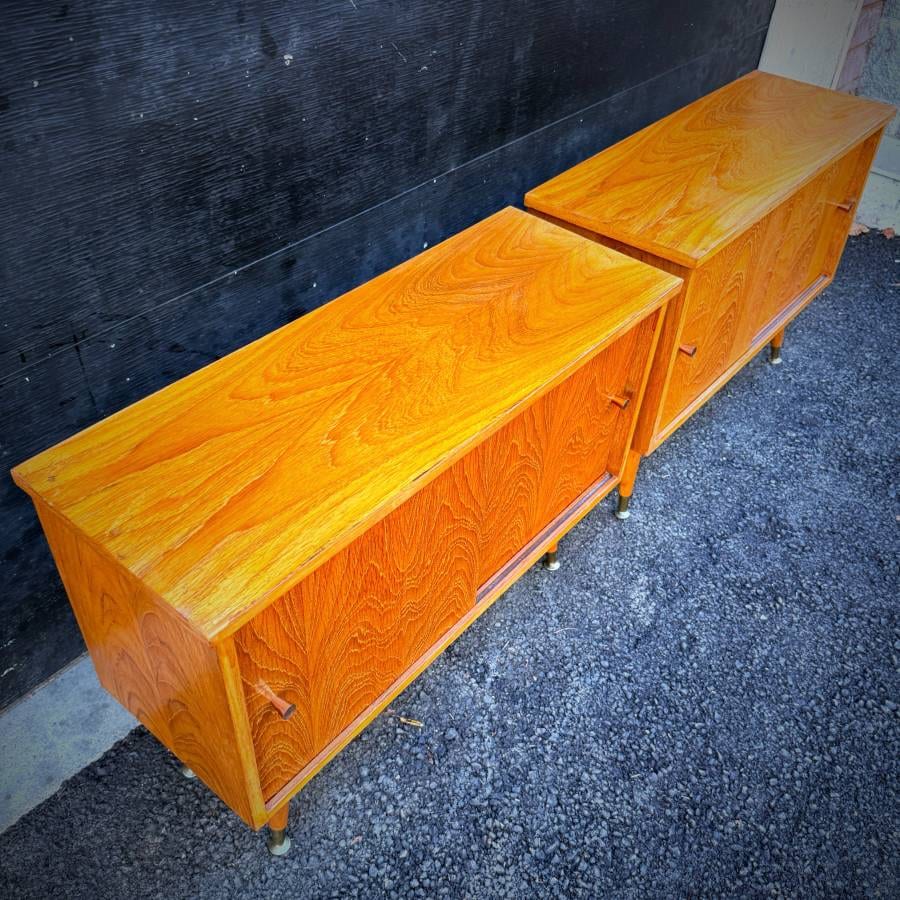 Pair of compact mid century modern teak atomic credenzas — photograph 7 of 7