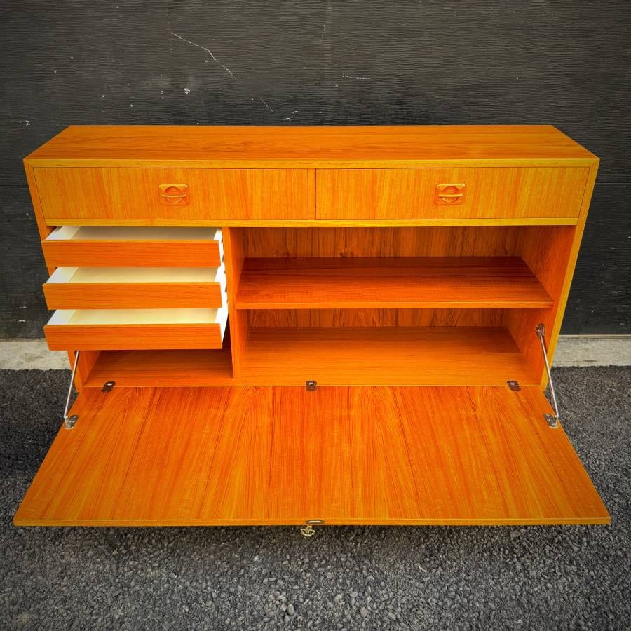 Slim profile danish modern teak drop down bar cabinet — photograph 6 of 7