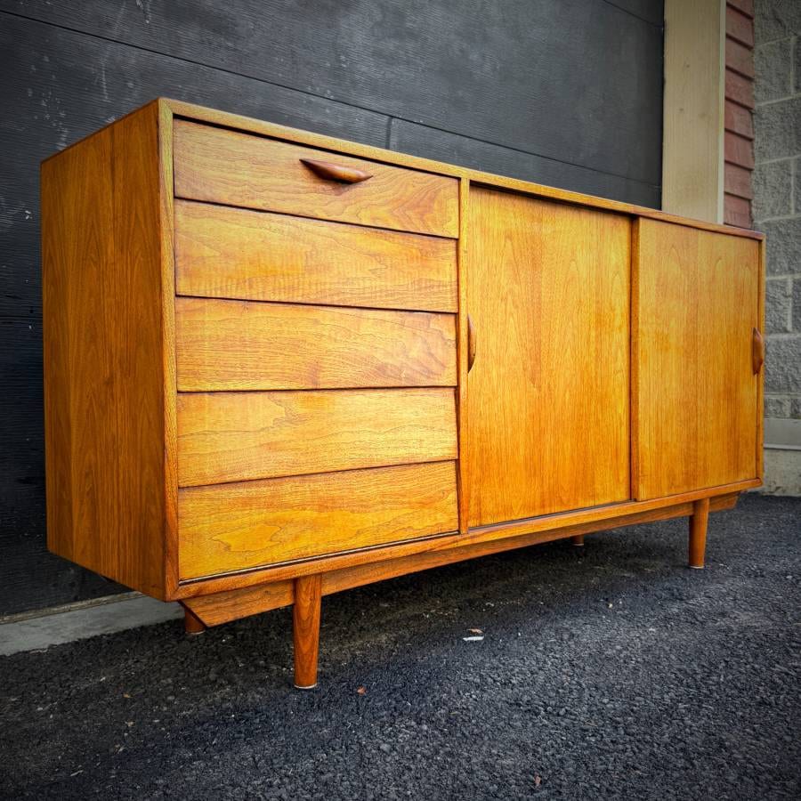 Mid century modern teak LP credenza with drop down bar — photograph 3 of 8