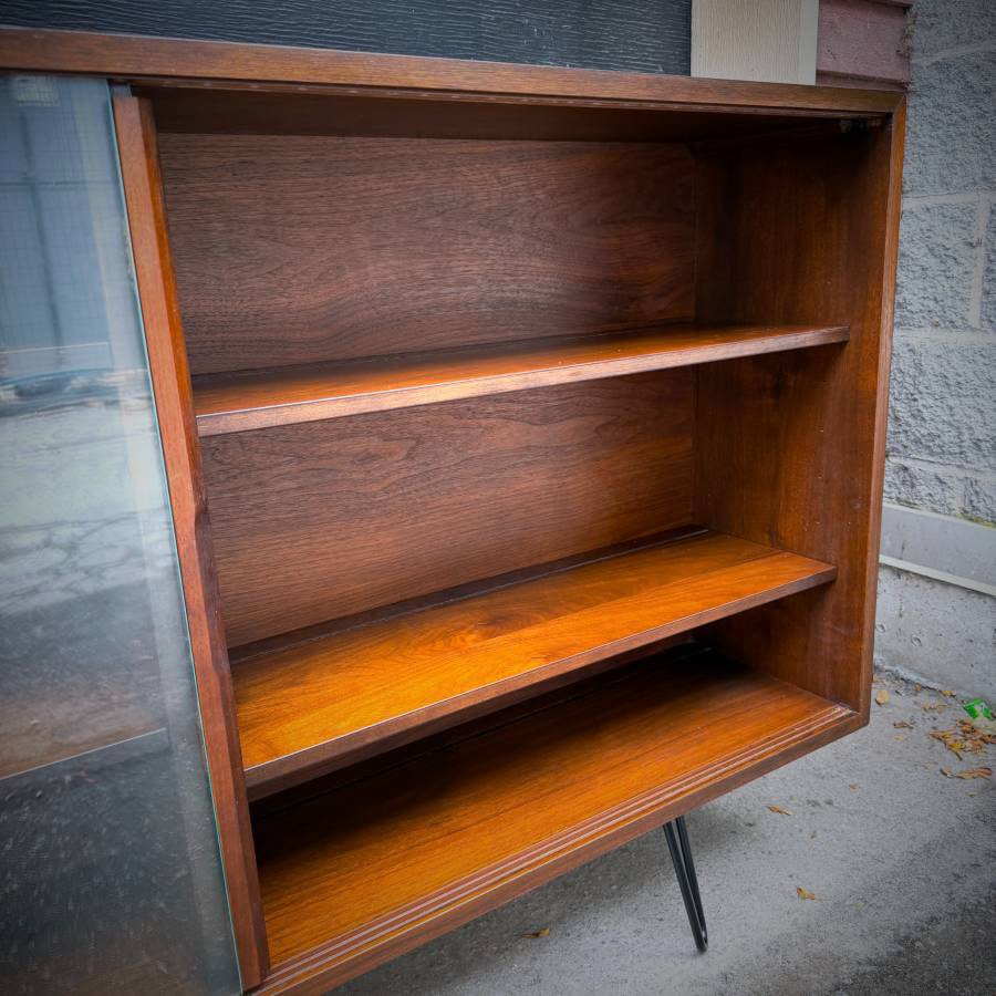 Extra long slim profile walnut and glass credenza shelf — photograph 8 of 8