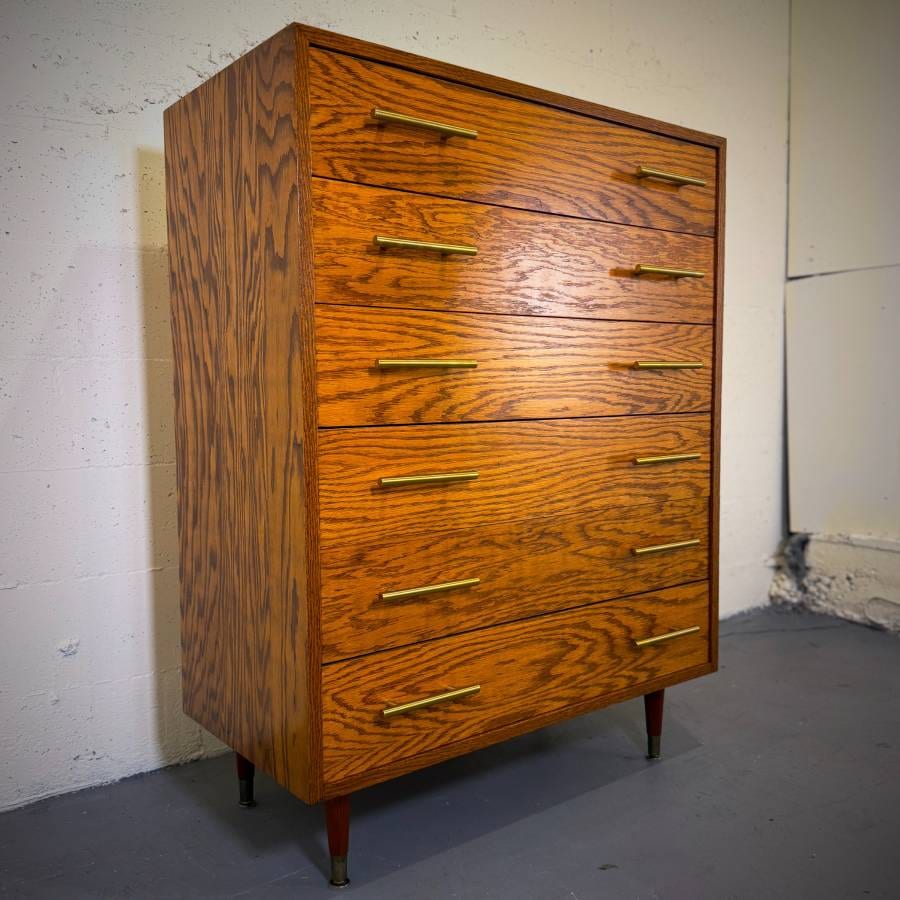 Mid century modern oak tall boy dresser — photograph 3 of 6