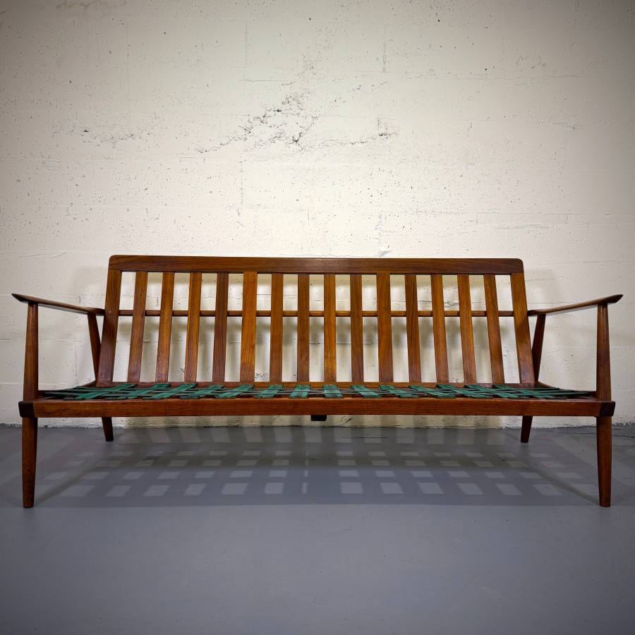 Beautiful mid century modern teak and wool sofa — photograph 9 of 10
