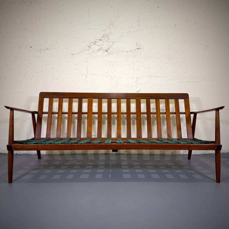 Beautiful mid century modern teak and wool sofa — photograph 9 of 10