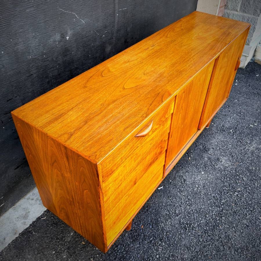 Mid century modern teak LP credenza with drop down bar — photograph 4 of 8