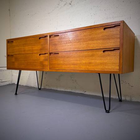 Mid century modern teak four drawer media stand credenza dresser