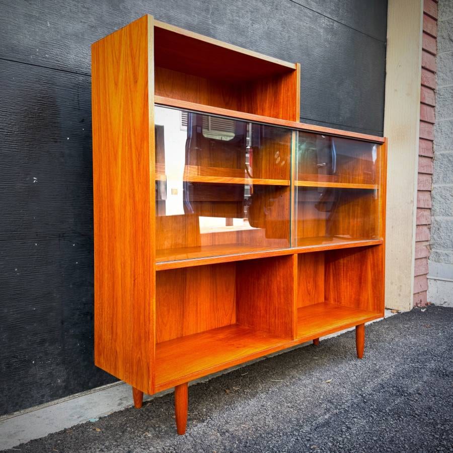 Mid century modern teak and glass asymmetrical shelving unit — photograph 3 of 7