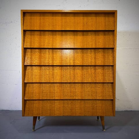 Mid century modern mahogany 6 drawer tall boy dresser