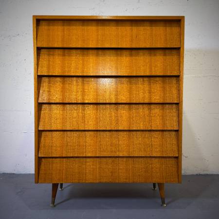 Mid century modern mahogany 6 drawer tall boy dresser