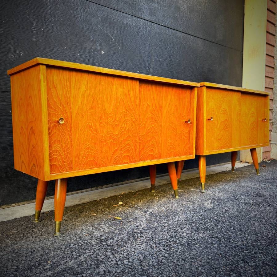 Pair of compact mid century modern teak atomic credenzas — photograph 3 of 7
