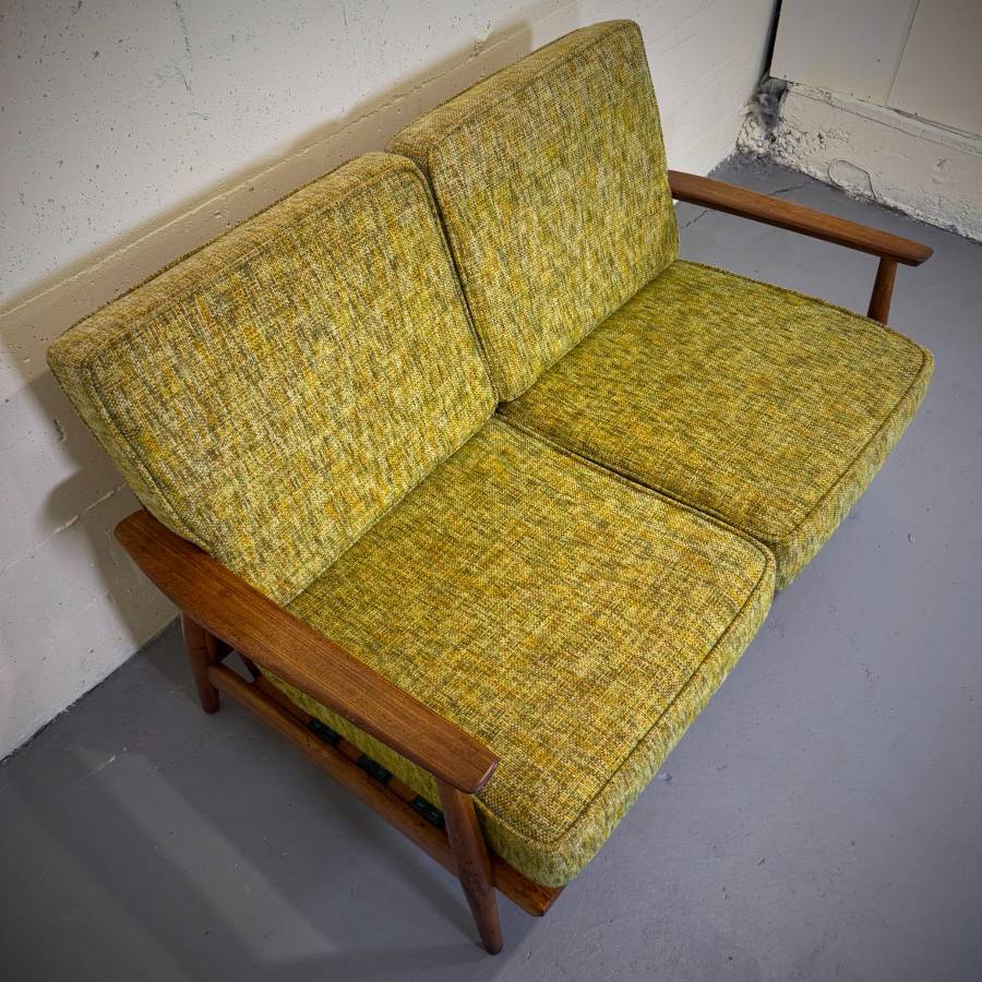 Beautiful mid century modern teak and wool love seat — photograph 3 of 9