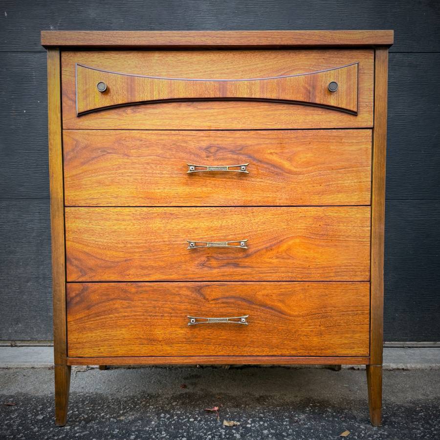Mid century satin walnut tall boy dresser — photograph 2 of 6