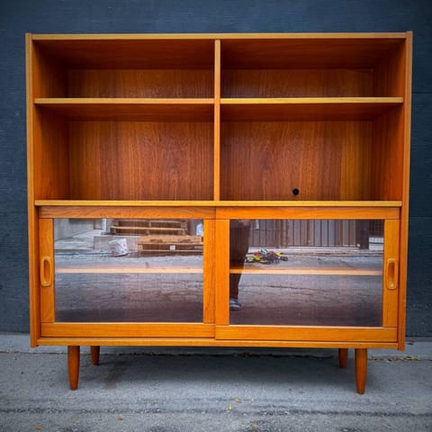 Mid century modern danish teak and glass shelving unit