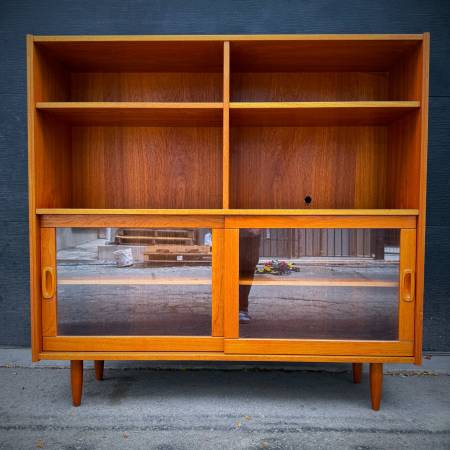 Mid century modern danish teak and glass shelving unit