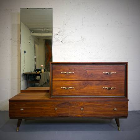 Beautiful refinished mid century modern two tier dresser with mirror