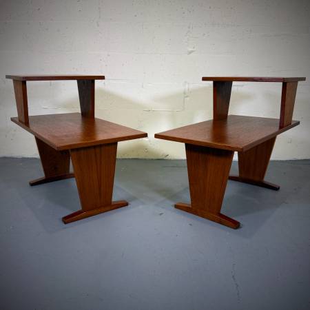 Pair of mid century modern teak two tier side tables