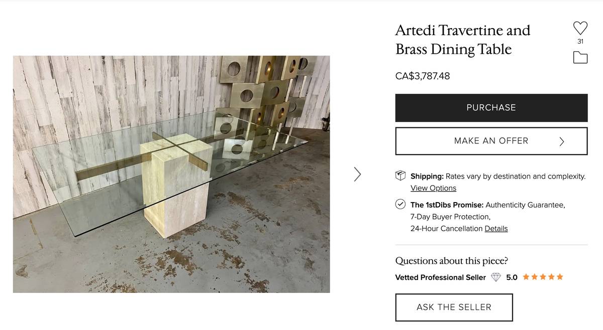 Italian vintage travertine and glass dining table — photograph 10 of 10