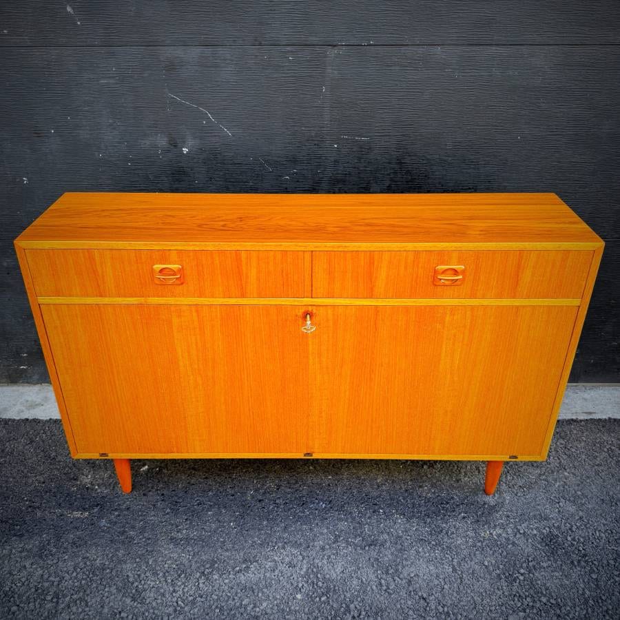 Slim profile danish modern teak drop down bar cabinet — photograph 4 of 7
