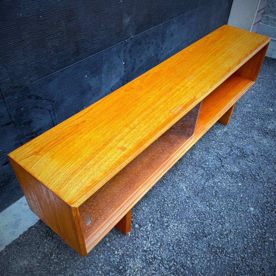 Slim low profile mid century teak and glass credenza media stand — photograph 5 of 5