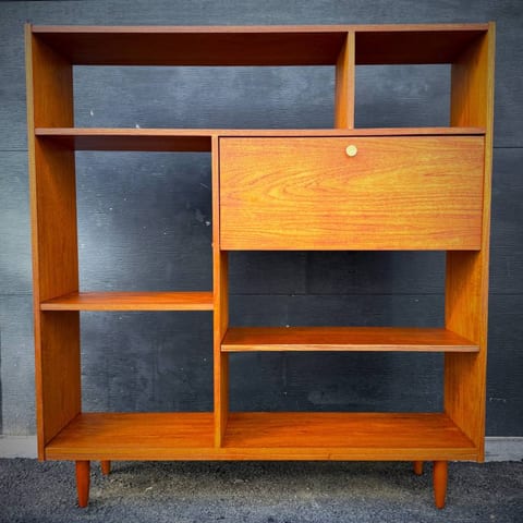 Mid century modern teak open shelving unit with drop down bar