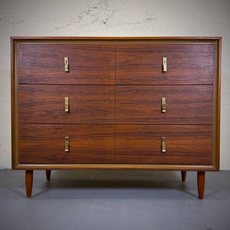 Refinished mid century modern satin walnut chest of drawers