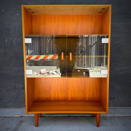 Mid century modern teak and glass compact shelf
