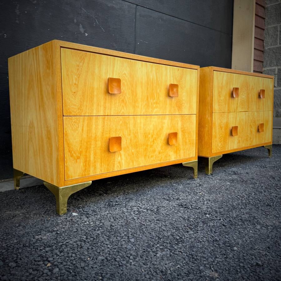 Pair of mid century modern blonde two drawer dressers — photograph 2 of 6