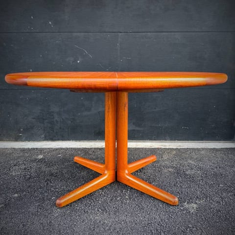 Vintage danish modern round teak pedestal table with extensions