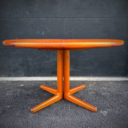 Vintage danish modern round teak pedestal table with extensions