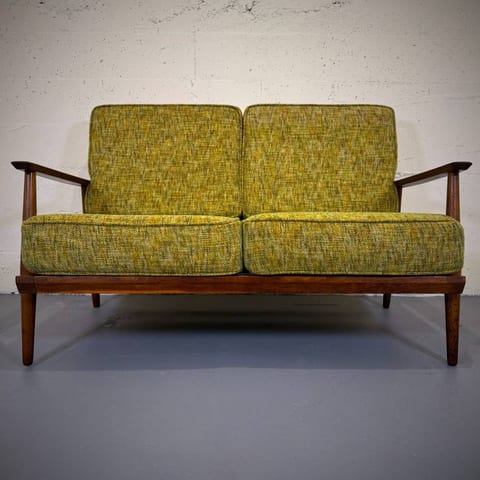 Beautiful mid century modern teak and wool love seat