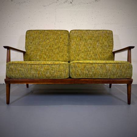 Beautiful mid century modern teak and wool love seat