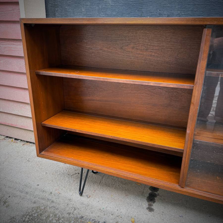Extra long slim profile walnut and glass credenza shelf — photograph 6 of 8