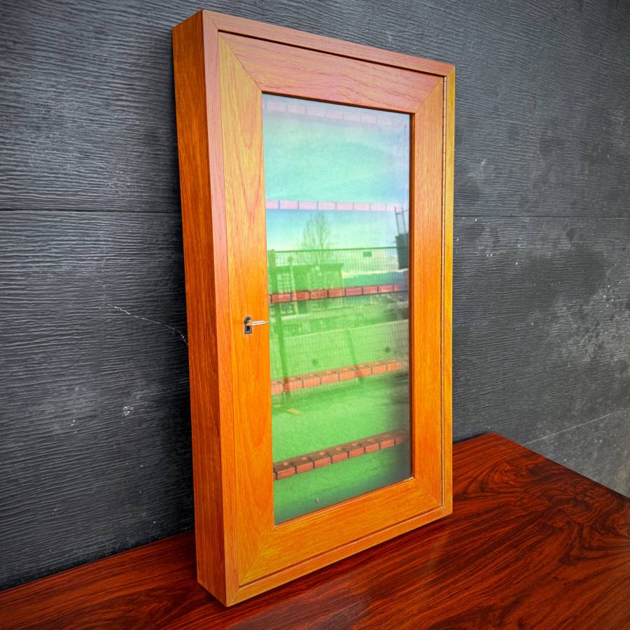 Rare compact teak wall mounted lockable jewelry cabinet — photograph 3 of 6