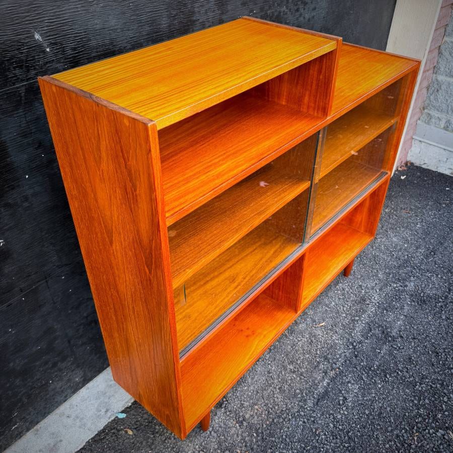 Mid century modern teak and glass asymmetrical shelving unit — photograph 5 of 7