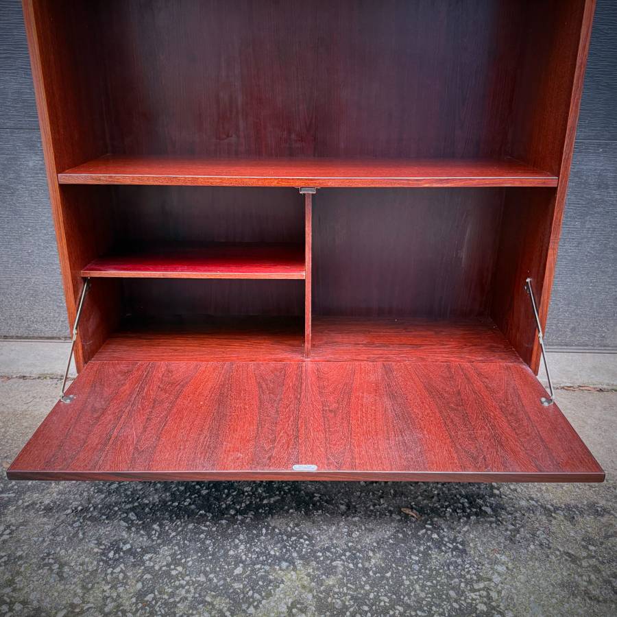 Compact mid century danish rosewood shelving unit with drop down bar — photograph 6 of 6