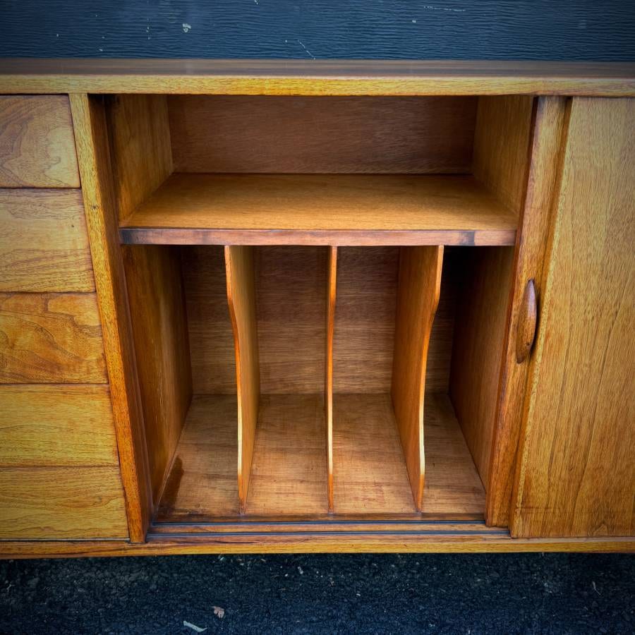 Mid century modern teak LP credenza with drop down bar — photograph 7 of 8