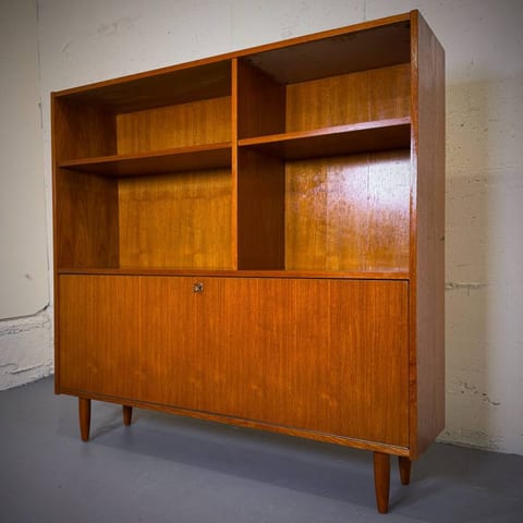 Danish modern teak shelving unit with drop down bar