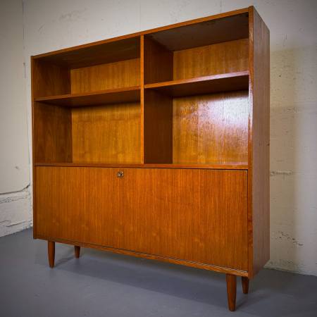 Danish modern teak shelving unit with drop down bar
