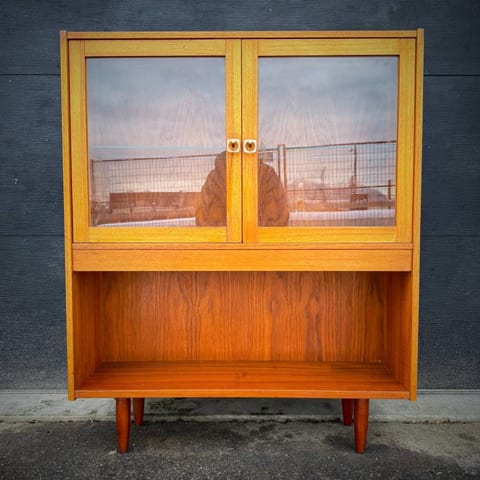 Mid century modern teak and glass shelving unit