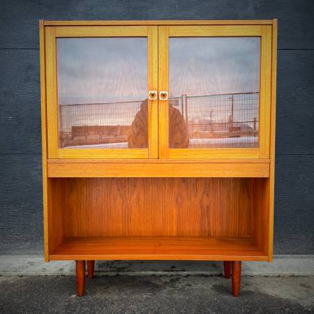 Mid century modern teak and glass shelving unit